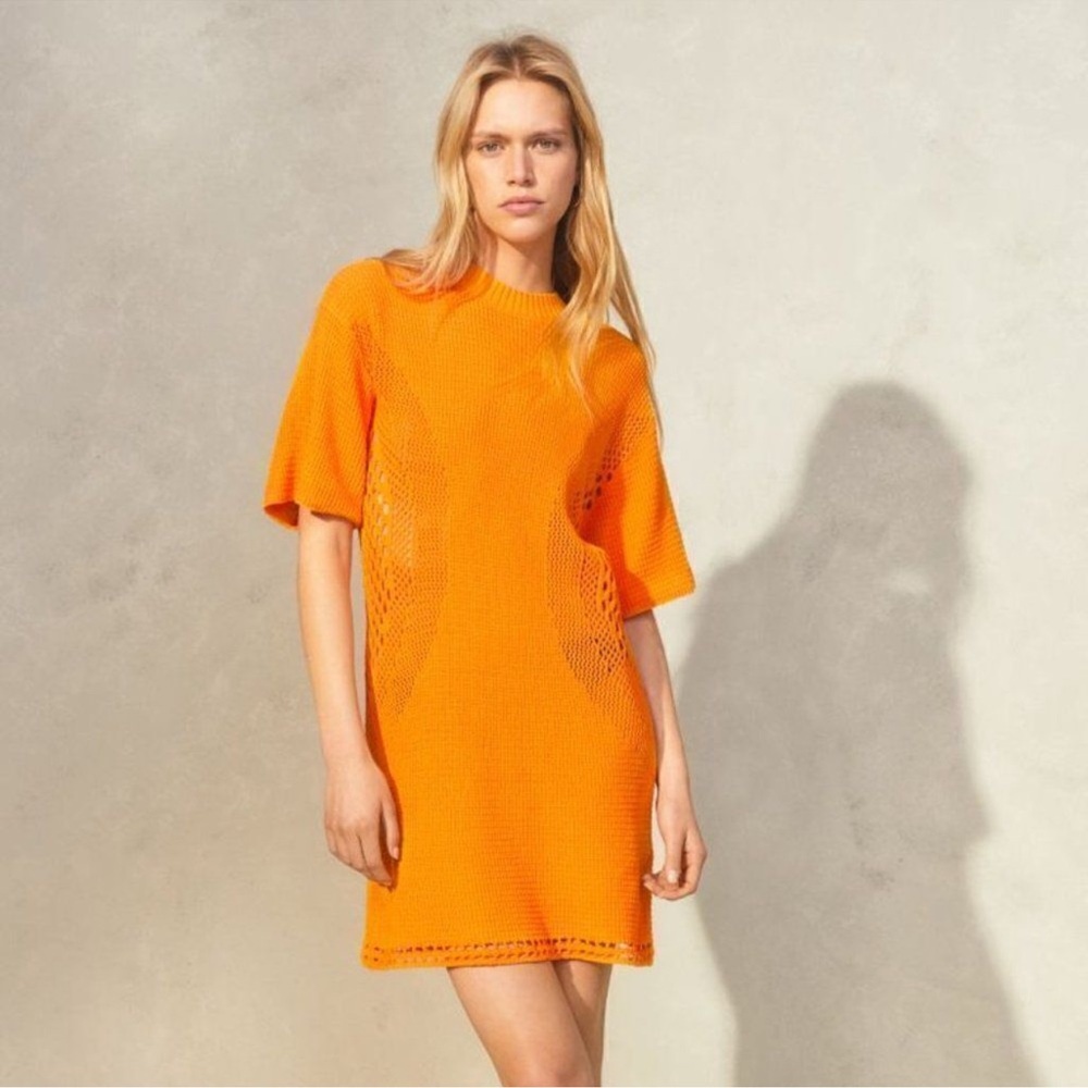 H&M Orange Organic Cotton Knit Crocheted Dress Sz Xl NWT